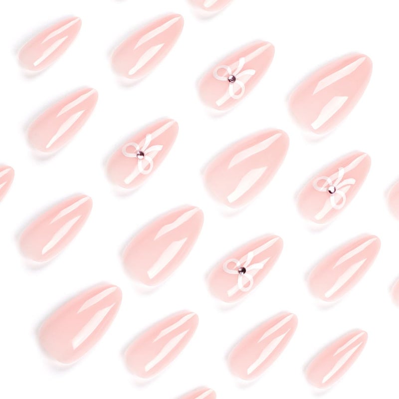 BSBTBZ Light Pink Press on Nails Short, Glossy Solid Color Fake Nails, Full Cover False Nails Design with Bow Tie Short Nude Sweet Stick on Nails for Women&Girls Nail Art Decorations 24Pcs - Image 3